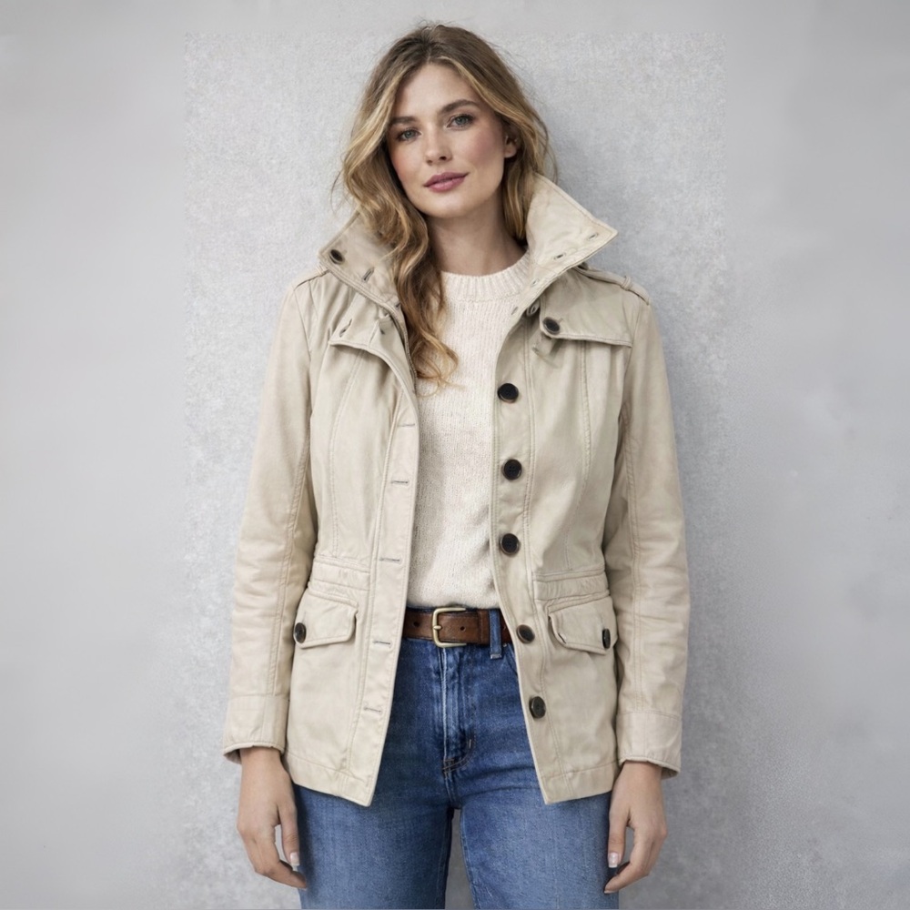 [m] Vintage Leather Jacket coat trench boho cream ivory beige autumn fall